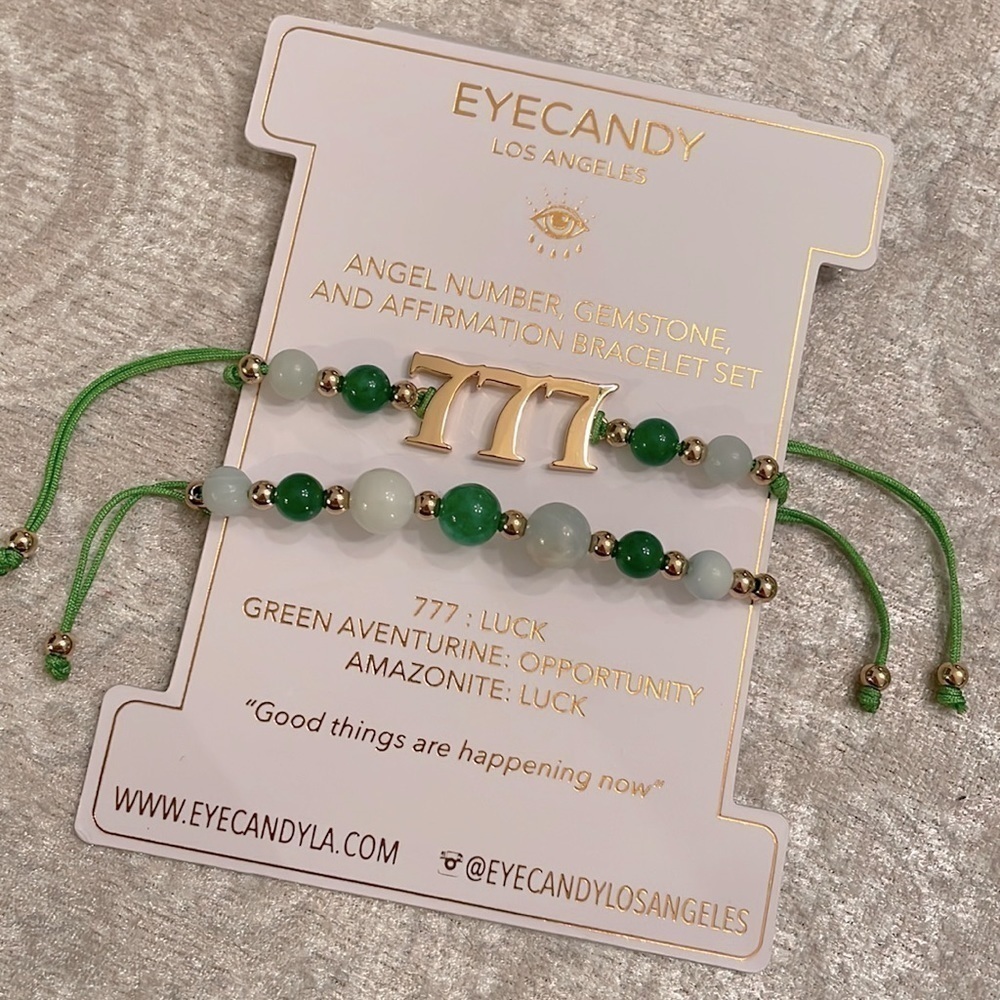 Brand New Eye Candy Angel Number 777 18K Gold Plated Brass Gemstone Bracelet Set